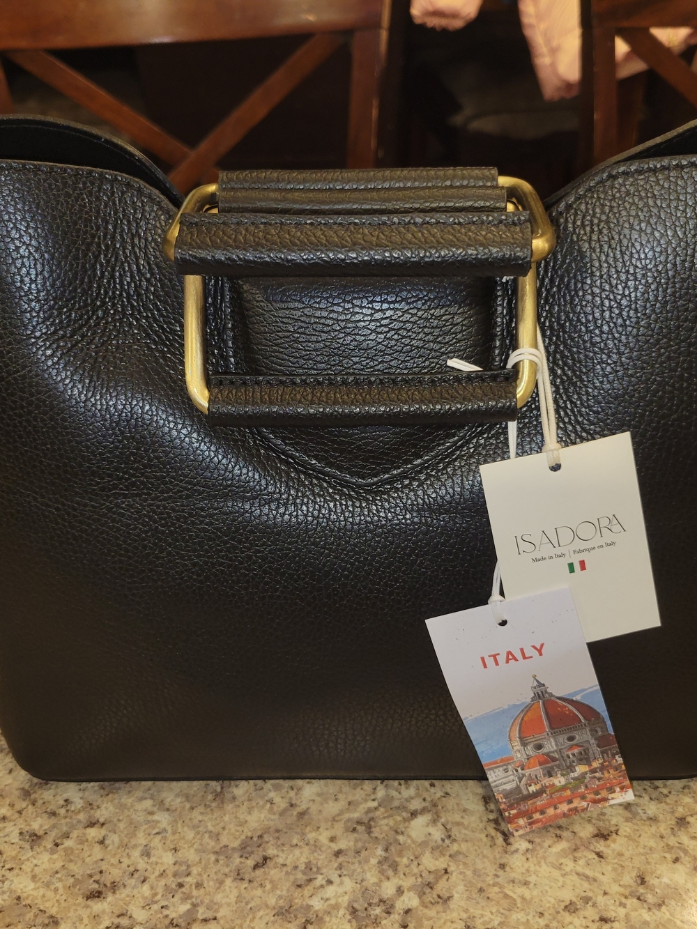 Isadora Black Pebbled Real Leather Purse With Buckle Handles- NWT